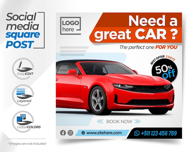 Социальные медиа Флаер Post Sport Car Rental Шаблон бизнес-дизайна