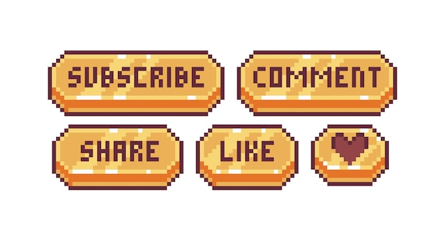 Social media gouden banner pixel art set. Like, abonneer, reageer, deel metalen knoppen