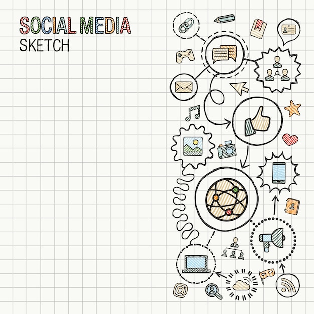 Il tiraggio della mano di media sociali integra le icone messe su carta. illustrazione infografica schizzo colorato. pittogramma doodle collegato. internet, digitale, marketing, rete, concetto interattivo globale