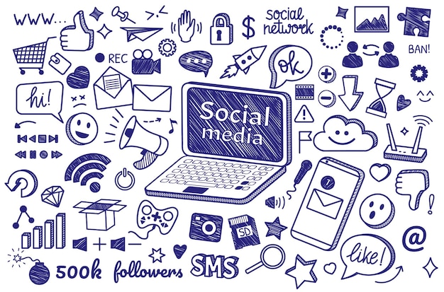 Social media hand drawn doodles internet signs and symbols blogging online communication set