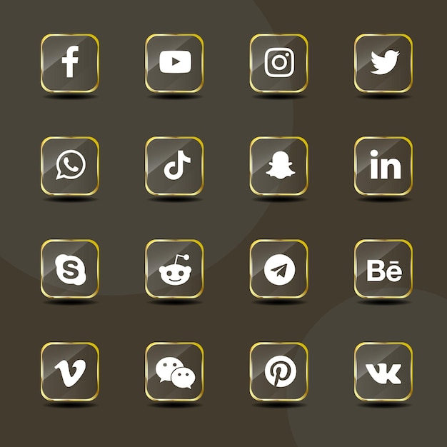 Social media icons golden glass collection pack