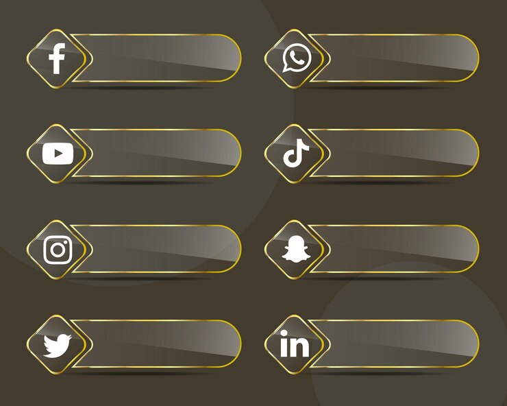Vector social media icons golden glass labels collection pack