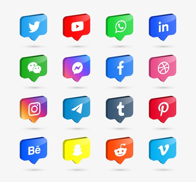 Social media icons logo in 3d speech bubbles