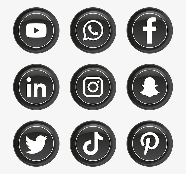 Social media icons logos in round circle or modern black buttons