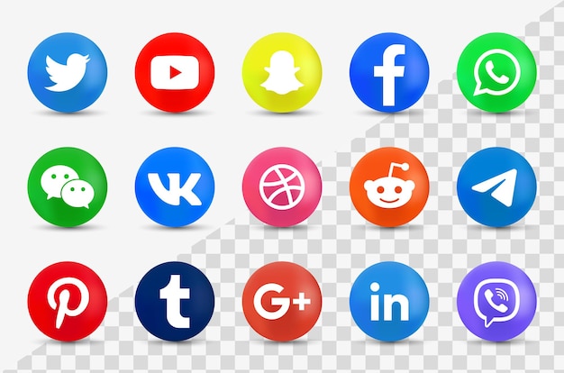 Social media icons in modern button - 3d round logos