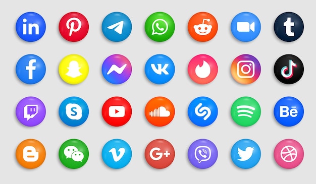 Social media icons in modern button or round logos