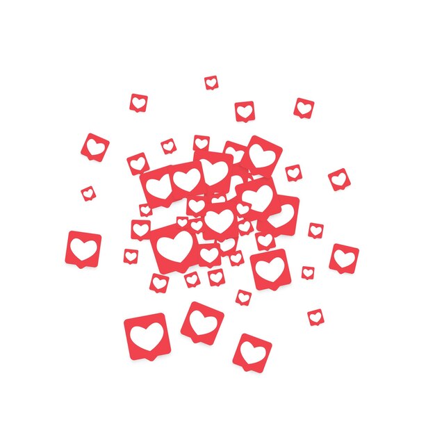 Social media icons. network notifications with white heart in pink square. follow and share social media icons background for app, application, marketing, smm, ceo, web, internet, analytics, business.