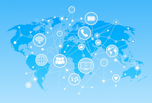 世界地図背景上のソーシャルメディアのアイコンネットワーク通信接続の概念