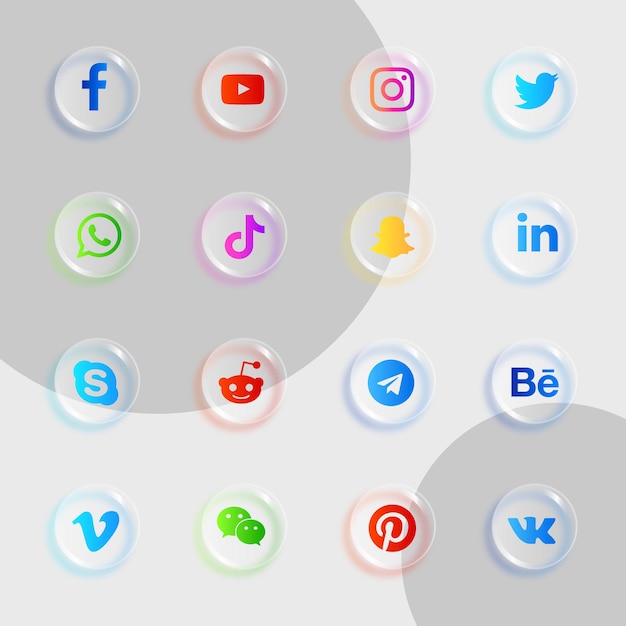 Social media icons pack with glossy transparent effec