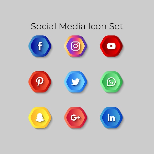 Vector social media icons set 3d buttons effect