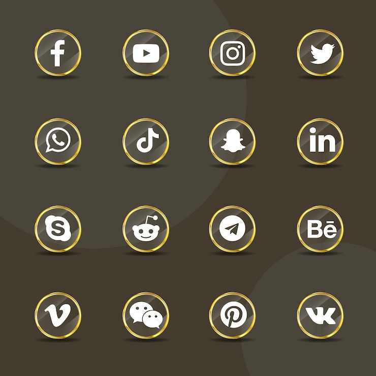 Vector social media icons transparent golden glass collection pack
