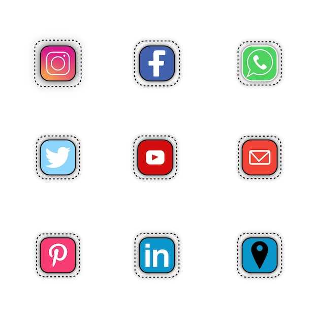 소셜 미디어 아이콘 터 설정: 페이스북, 인스타그램, 트위터, 틱, 유튜브, Gmail 웹사이트, 로고 추가