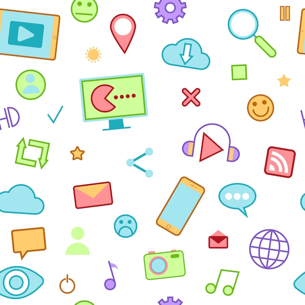 Social media icons with emoticons and internet devices seamless pattern.