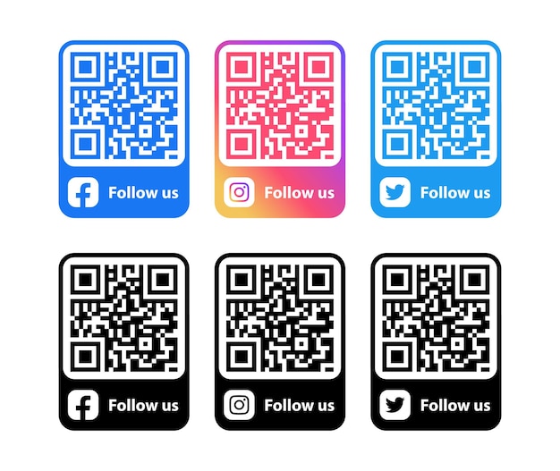 Vector social media icons with qr code follow us on social mediaqr code scanner