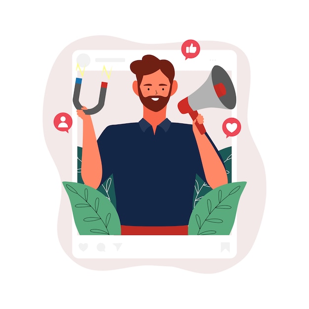 Social media influencer illustration. man holding megaphone and magnet in thr social profile frame with icon concept