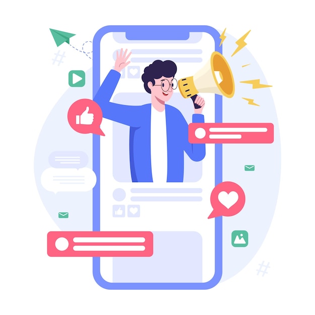 Social media influencer man holding megaphone on smartphone frame