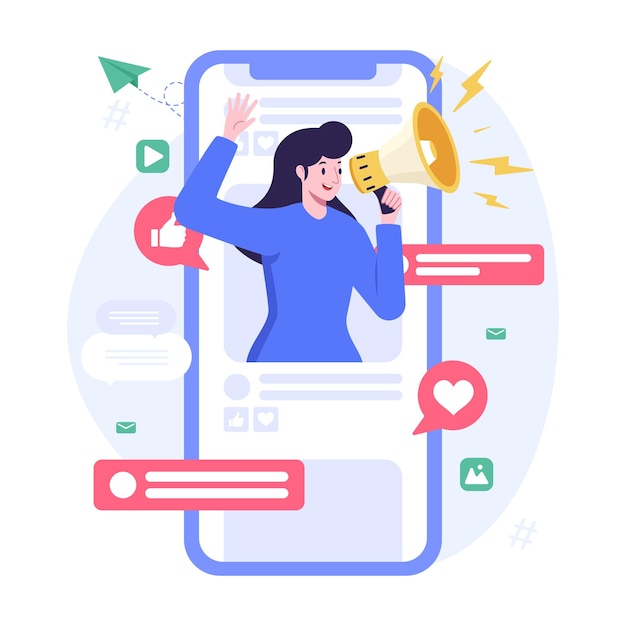 Social Media Influencer Woman Holding Megaphone On Smartphone Frame