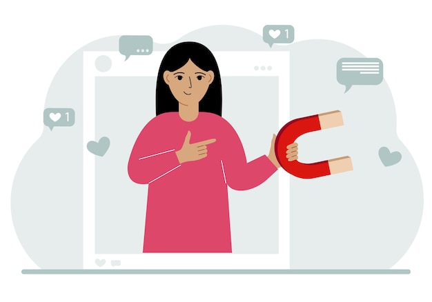 Social media influencer A woman holds a magnet in a social profile frame Various icons Vector flat illustration