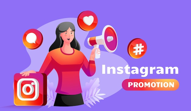 Illustrazione degli influencer dei social media con il megafono della holding della donna che promuove gli account instagram