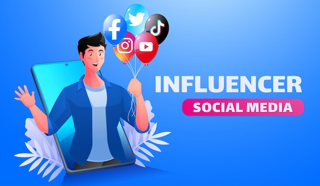 Social media influencers stock illustratie man met ballon met social media logo icoon