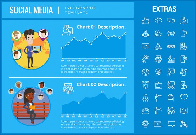 Modello di infographic di media sociali, elementi, icone