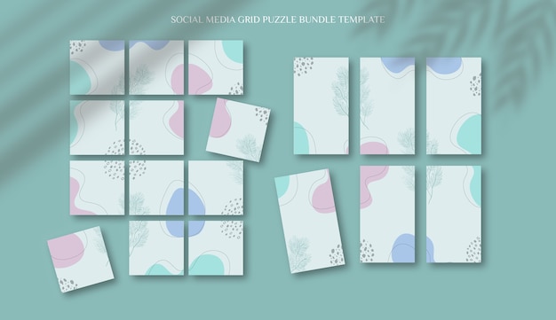 Social media instagram feed post and stories template in grid puzzle style with organic shape background