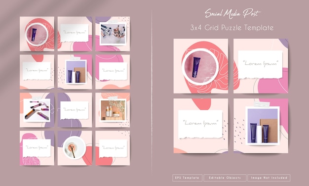 Social media instagram feed post template in grid puzzle style with organic shape background