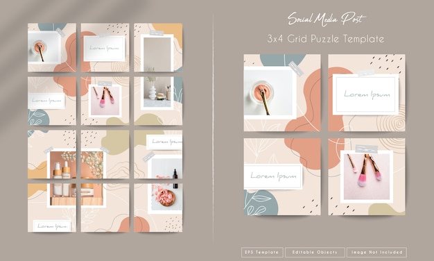 Social media instagram feed post template in grid puzzle style with organic shape background