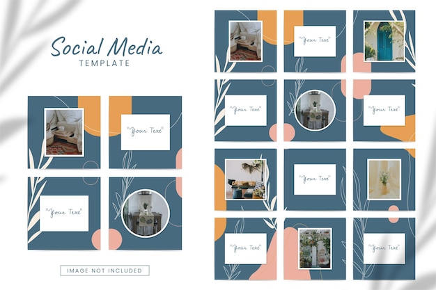 Social media instagram feed post template in grid puzzle style with organic shape background