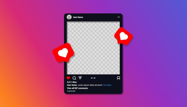 Social media instagram post template with hearts and transparent background