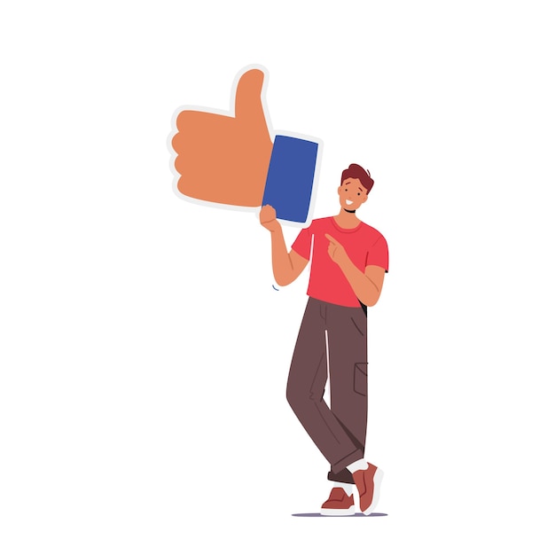 Vector social media interaction social network communication on mobile app concept male character holding big thumb up