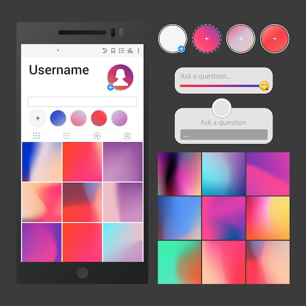 Interfaccia per social media. pubblica sfondi, dispositivi di scorrimento, area domande e modelli di pulsanti storie per l'applicazione, ispirati a instagram