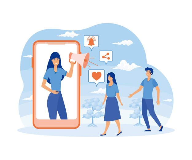 Vector social media invloed concept key opinion leaders vrouw met bij mobiele telefoon scherm met megafoon beïnvloeden publiek platte vector moderne illustratie