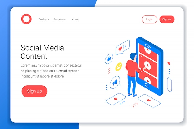 Social media isometric concept. man watches videos from youtube through a smartphone screen. flat 3d style. landing page template. illustration.