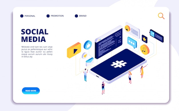 Vector social media isometric concept. people follow share content with phones, online dating. cellphone addiction  landing page