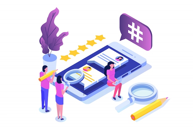 Vector social media isometric concept with characters. landing page template.  illustration