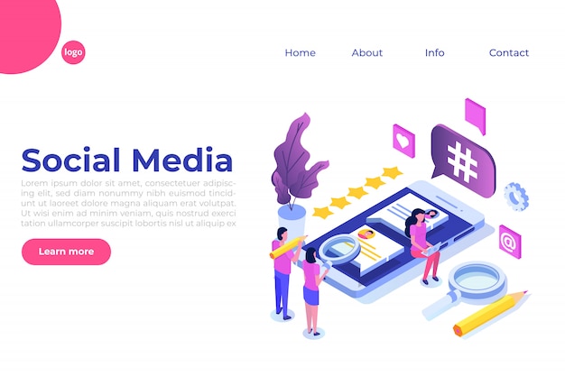 Vector social media isometric concept with characters. landing page template.  illustration