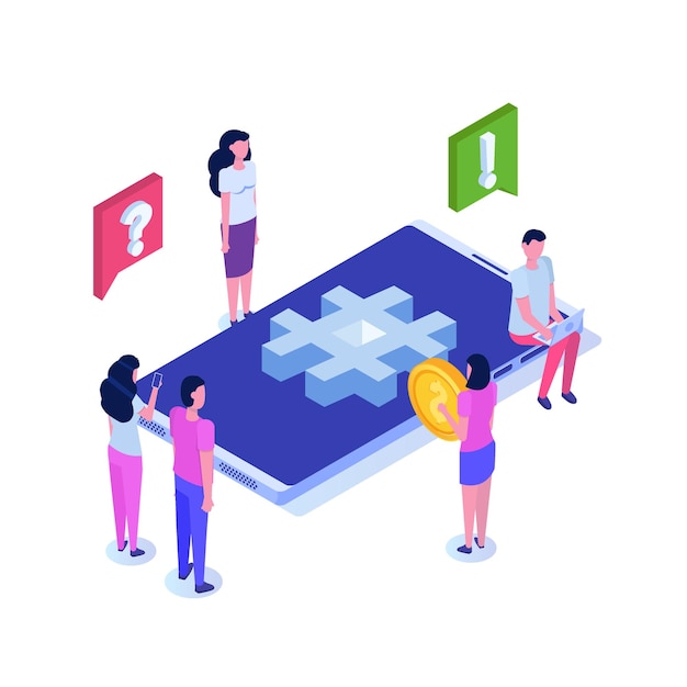 Vector social media isometric concept with characters.