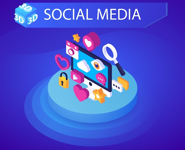 Social media isometric design icon Vector web illustration 3d colorful concept