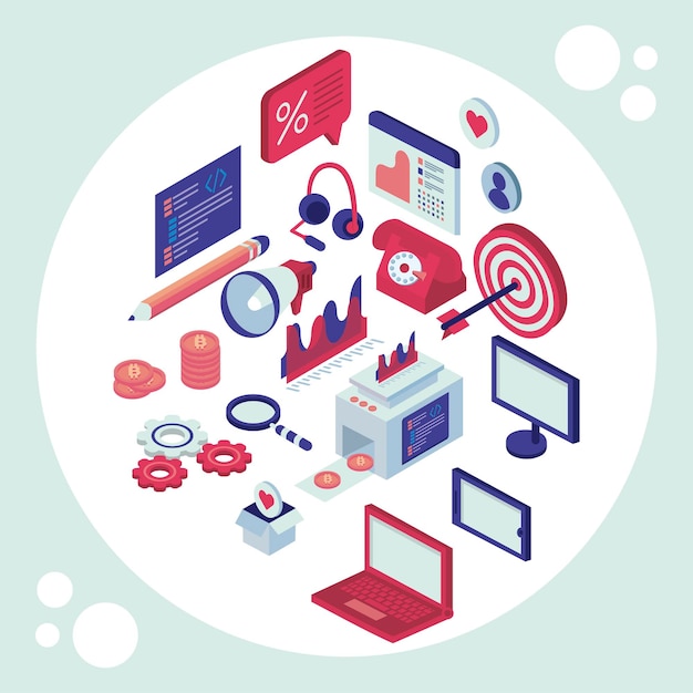 Social media isometric set icons in circle illustration