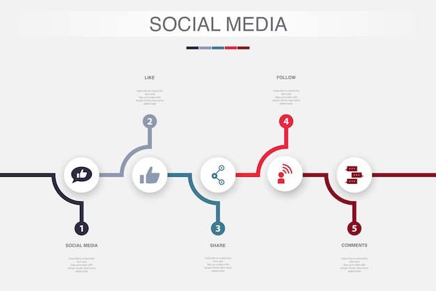 Vector social media like share follow comments icons infographic design template creative concept with 5 steps