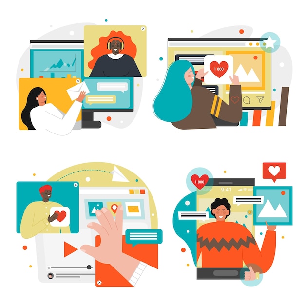 Social media likes online communication scene set customer feedback marketing strategy comments foll