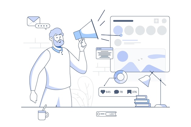 Vettore concetto di linea di social media con scene di persone in stile cartone animato l'uomo lavora con un social network