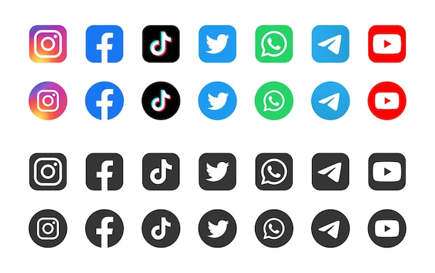 Social media logo icons set instagram facebook tiktok twitter whatsapp telegram youtube icon