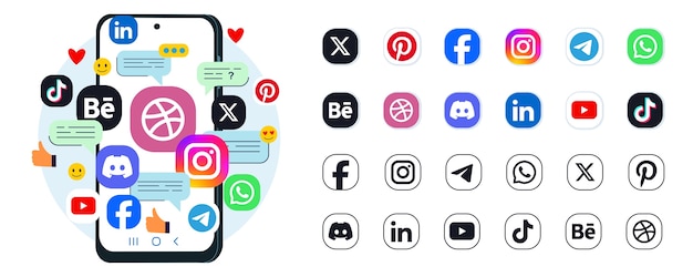 Vector social media logo icons set with illustration