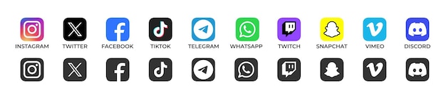 Коллекция логотипов социальных сетей Facebook X Instagram Twitter Tiktok Discord Snapchat Telegram