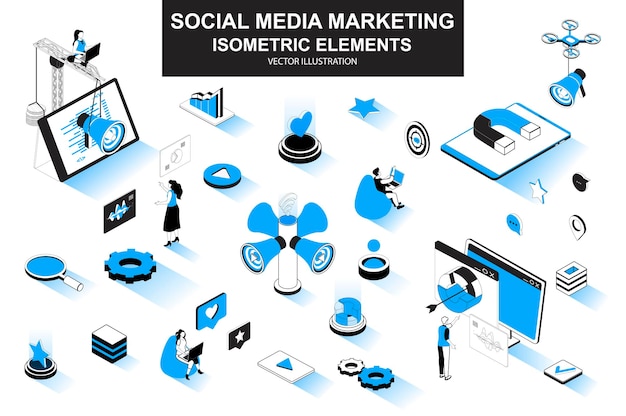 Social media marketing 3d isometrische lijnelementen