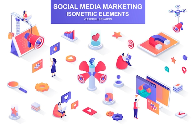 Vector social media marketing bundle of isometric elements  illustration