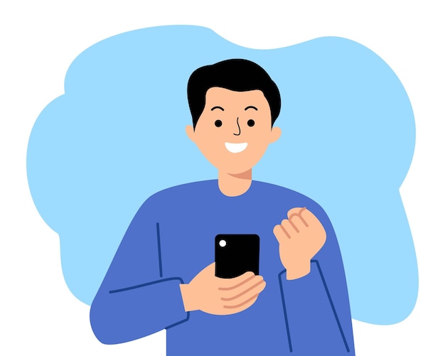 スマートフォンを握る男のイラストでソーシャルメディアマーケティングコンセプト