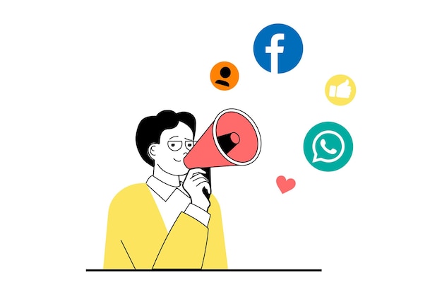 Social media marketing concept with people scene in flat web design Man with megaphone makes promotion and advertisement campaign Vector illustration for social media banner marketing material